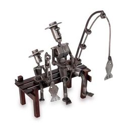 Amidst Hooks and Smiles,'Recycled Metal Sculpture of Father and Son with Fishing Rods'