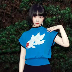 Nouveau mignon femmes été hauts chemisiers tricotés t-shirts poisson doré t-shirts bleu concepteur tricot mince élégant culture hauts Blousa NZ126
