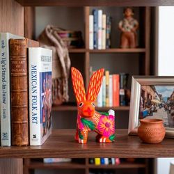 'Striped Floral Leaf-Patterned Hare Wood Alebrije Figurine'