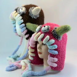 Chapeaux tricotés Dopamine monstre drôle pour femmes, chapeau mignon en fourrure, bonnet d'hiver, Protection des oreilles chaude pour l'extérieur, chapeaux de bombardier