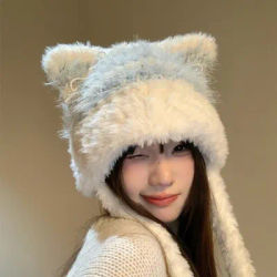 Chapeaux tricotés en fourrure avec oreilles de chat pour femmes, automne et hiver, cyclisme en plein air, ski, polyvalent, chaud, Protection des oreilles, pull, bonnets
