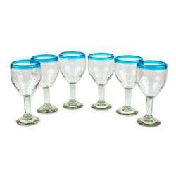 Aquamarine Kiss,'Clear with Aqua Rim Hand Blown 8 oz Wine Glasses (Set of 6)'