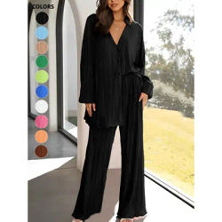 Ensemble haut texturé uni à simple boutonnage et pantalon large pour femme, haut décontracté à manches longues associé à un pantalon taille haute