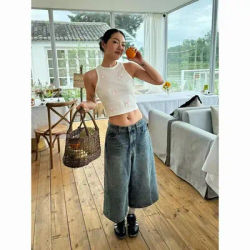 Shorts en jean taille haute pour femme, coupe droite décontractée, style rétro, pour l'été