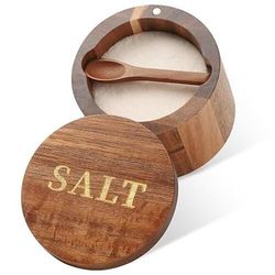 2 saliere in legno di acacia con cucchiaio e coperchio girevole, saliera incisa per piano di lavoro, contenitore per spezie in legno e ciotola per la conservazione in cucina
