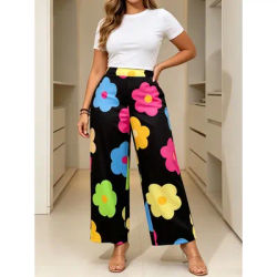 Pantalon large taille haute pour femme, imprimé floral coloré, style vacances, printemps-été, coupe confortable, décontracté