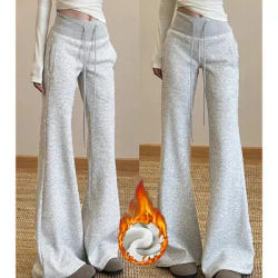 Pantalon thermique en polaire uni taille haute pour femme, coupe droite, style mode Ins, chaud pour l'hiver et la neige