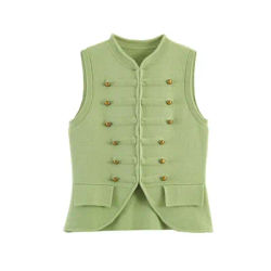 Gilet en tricot vert de style militaire pour femmes, décoration de boutons dorés, débardeur sans manches