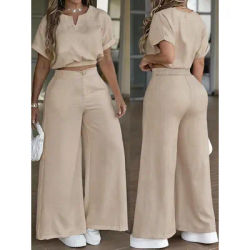 Ensemble élégant pour femme, pantalon large drapé taille haute de couleur unie avec haut à taille élastique