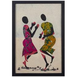 Ampe,'Framed Batik Cotton Oil Painting of Dancers from Ghana'