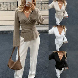 Hauts d'automne pour femmes à col en V croisé, coupe ajustée, avec manches évasées – T-shirt femme