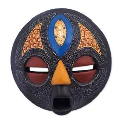 'Ghanaian-Made Antiqued Aluminum and Wood African Wall Mask'