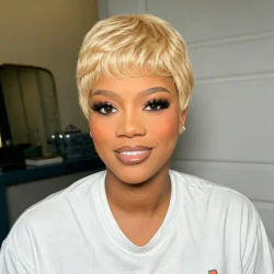 Blonde Pixie Cut Wig with Baby Bangs for Women, Natural Looking Full Machine Made Short Straight 100% Human Hair Wig