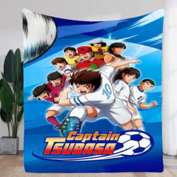 Dynamic Captain Tsubasa Soccer Anime Blanket - Vibrant Blue and White Soft Throw Blanket Featuring Iconic Characters in Action P