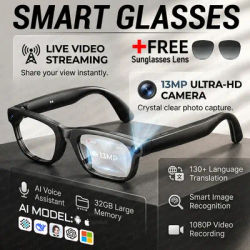 Lunettes intelligentes AI 2026, caméra 13MP, prise de photos, diffusion en direct, traductions ChatGPT, enregistrement POV stabilisé, audio, musique, lunettes de soleil