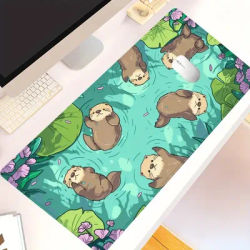 Tapis de bureau XXL VIKAMA motif Otter mignon et feuille de lotus, tapis de souris antidérapant pour gaming, tapis de clavier animalier de dessin animé, décoration de bureau