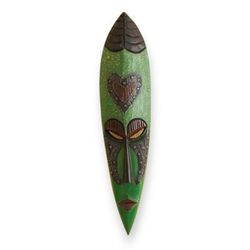 Odo Nti,'Textured Green Elongated African Wood and Aluminum Wall Mask'