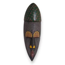 Dusu Shield,'Elongated Painted African Wood Wall Mask with Brass Details'