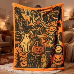 Halloween Movie Night Blanket Orange Black Spooky Decoration Throw Cozy Plush Fleece Blankiet