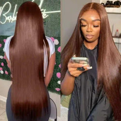 4 Chocolate Brown Silky Bone Straight Brazilian Human Hair Wig 46 Inch HD Transparent Lace Front Pre Bleached Pre Cut Lace Baby Hair 200 Density For Black Women