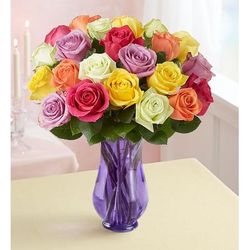 1-800-Flowers Flower Delivery Two Dozen Assorted Roses W/ Purple Vase | Quality Delivered | Happiness Delivered To Their Door