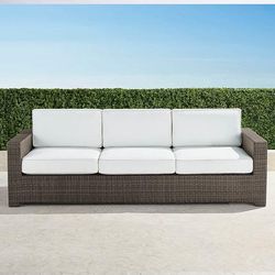 Palermo Sofa in Bronze Wicker - Sunbrella Rain, Rain Resort Stripe Sand - Frontgate
