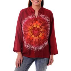 Cotton batik tunic, 'Red Flower Power'