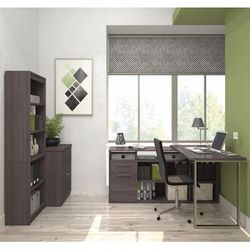 Solay L-Shaped Desk w/ Lateral File & Bookcase in Bark Gray - Bestar 29851-47
