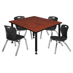 "Kee 48" Square Height Adjustable Classroom Table in Cherry & 4 Andy 12-in Stack Chairs in Black - Regency TB4848CHAPBK45BK"