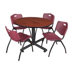 "Kobe 48" Round Breakroom Table in Cherry & 4 'M' Stack Chairs in Burgundy - Regency TKB48RNDCH47BY"