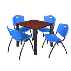 "Kee 30" Square Breakroom Table in Cherry/ Black & 4 'M' Stack Chairs in Blue - Regency TB3030CHBPBK47BE"