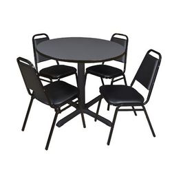 "Cain 36" Round Breakroom Table in Grey & 4 Restaurant Stack Chairs in Black - Regency TB36RNDGY29BK"