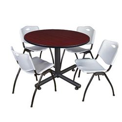 "Kobe 48" Round Breakroom Table in Mahogany & 4 'M' Stack Chairs in Grey - Regency TKB48RNDMH47GY"