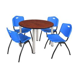 "Kee 48" Round Breakroom Table in Cherry/ Chrome & 4 'M' Stack Chairs in Blue - Regency TB48RNDCHBPCM47BE"