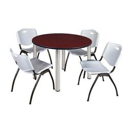 "Kee 48" Round Breakroom Table in Mahogany/ Chrome & 4 'M' Stack Chairs in Grey - Regency TB48RNDMHBPCM47GY"