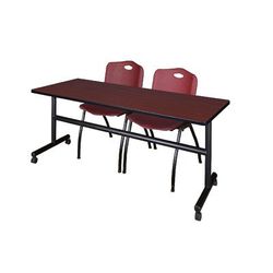 "72" x 30" Flip Top Mobile Training Table in Mahogany & 2 "M" Stack Chairs in Burgundy - Regency MKFT7230MH47BY"