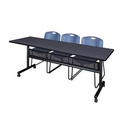 "84" x 24" Flip Top Mobile Training Table w/ Modesty Panel in Grey & 3 Zeng Stack Chairs in Blue - Regency MKFTM8424GY44BE"