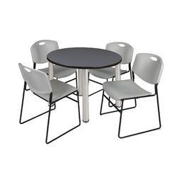 "Kee 36" Round Breakroom Table in Grey/ Chrome & 4 Zeng Stack Chairs in Grey - Regency TB36RNDGYBPCM44GY"