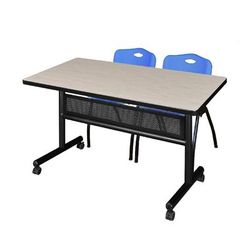 "48" x 30" Flip Top Mobile Training Table w/ Modesty Panel in Maple & 2 "M" Stack Chairs in Blue - Regency MKFTM4830PL47BE"