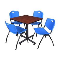 "Kobe 30" Square Breakroom Table in Cherry & 4 'M' Stack Chairs in Blue - Regency TKB3030CH47BE"