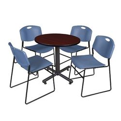 "Kobe 30" Round Breakroom Table in Mahogany & 4 Zeng Stack Chairs in Blue - Regency TKB30RNDMH44BE"