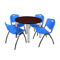 "Kee 36" Round Breakroom Table in Mahogany/ Chrome & 4 'M' Stack Chairs in Blue - Regency TB36RNDMHBPCM47BE"