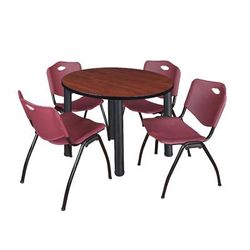 "Kee 42" Round Breakroom Table in Cherry/ Black & 4 'M' Stack Chairs in Burgundy - Regency TB42RNDCHBPBK47BY"