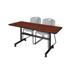 "60" x 30" Flip Top Mobile Training Table in Cherry & 2 Zeng Stack Chairs in Grey - Regency MKFT6030CH44GY"