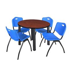 "Kee 36" Round Breakroom Table in Cherry/ Black & 4 'M' Stack Chairs in Blue - Regency TB36RNDCHBPBK47BE"