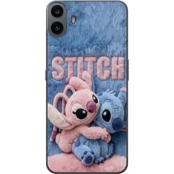 Kompatibelt Mobildeksel til Nothing CMF Phone 1 Fluffy Stitch og Angel omfavner på en myk pelsflate med pastellfarger som skaper en varm koselig føle