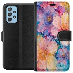 Kompatibelt Lommeboketui til Samsung Galaxy A72 5G Vannfarge maleri med store blomster i rosa, blå og gul farger i en myk kunstnerisk stil