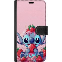 Kompatibelt Lommeboketui til Samsung Galaxy A16 5G Stitch Jordbær Kjærlighet søtt motiv med blå figur og jordbær i rosa pastelltema