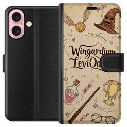 Kompatibelt Lommeboketui til Apple iPhone 16 Harry Potter Wingardium Leviosa illustrasjon - magisk Harry Potter tema med trollstav, Snitch og hatt