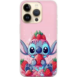 Kompatibelt Mobildeksel til Apple iPhone 14 Pro Stitch Jordbær Kjærlighet søtt motiv med blå figur og jordbær i rosa pastelltema